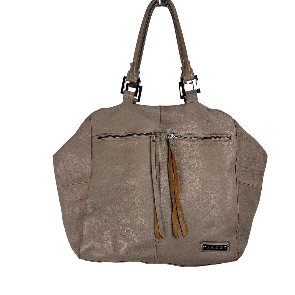 L.A.M.B. Gwen Stefani Taupe Leather Tassel Satchel Handbag‎ Grey Houndstooth Y2K